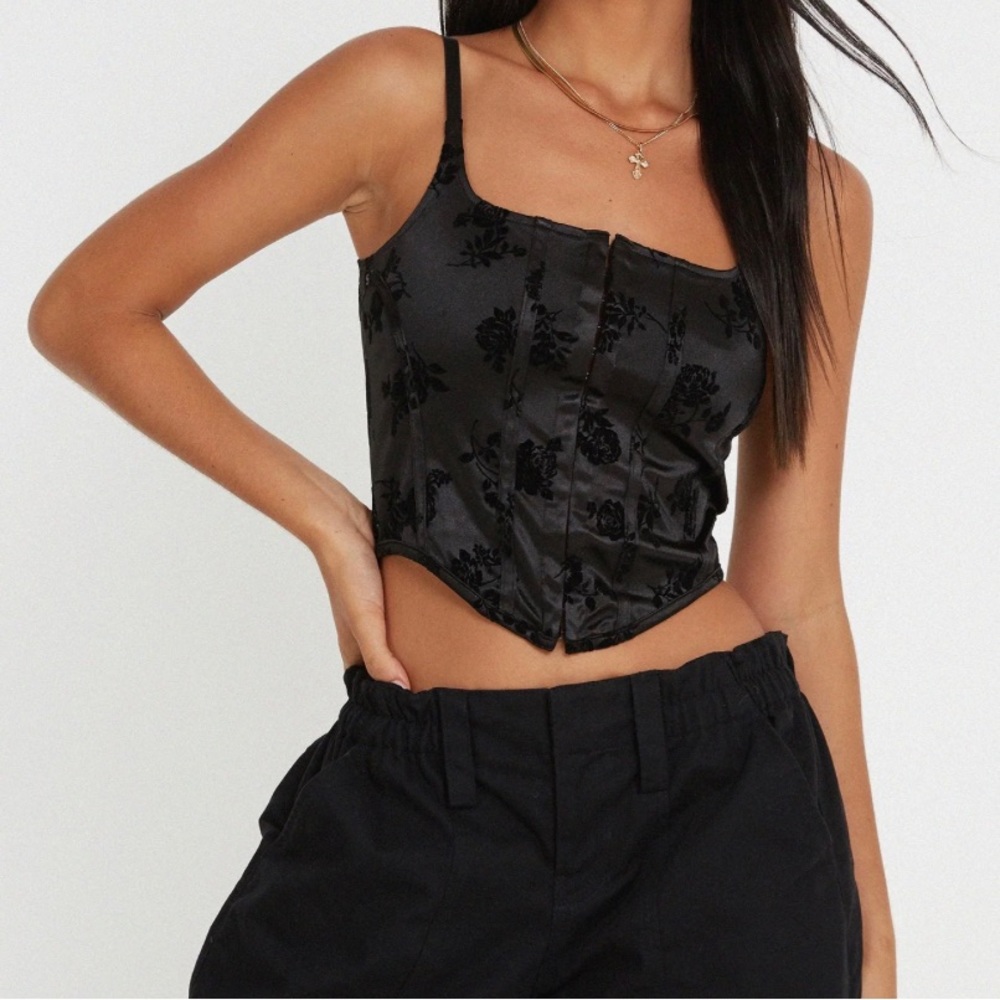Motel Rocks Strappy Black Rose Satin Corset Top